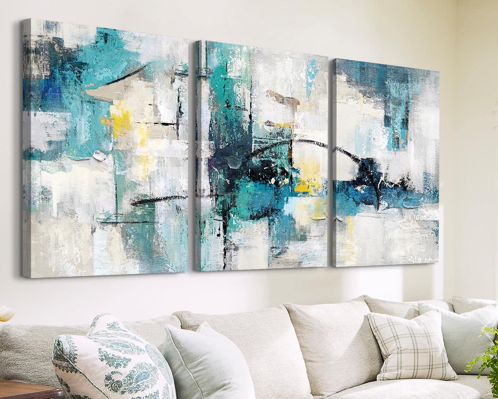 Room Decor Wall Art Living Room Extra Large Canvas Painting Wall Decor Aqua Blue Teal Gray Modern Office Decor Abstract Dining Room Wall Decorations