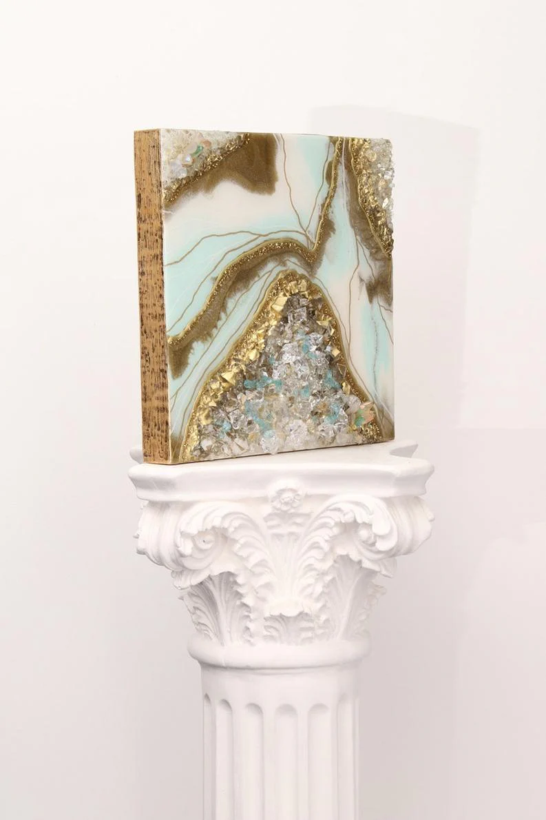 Golden Marble Resin Art with Crystal Stone Work