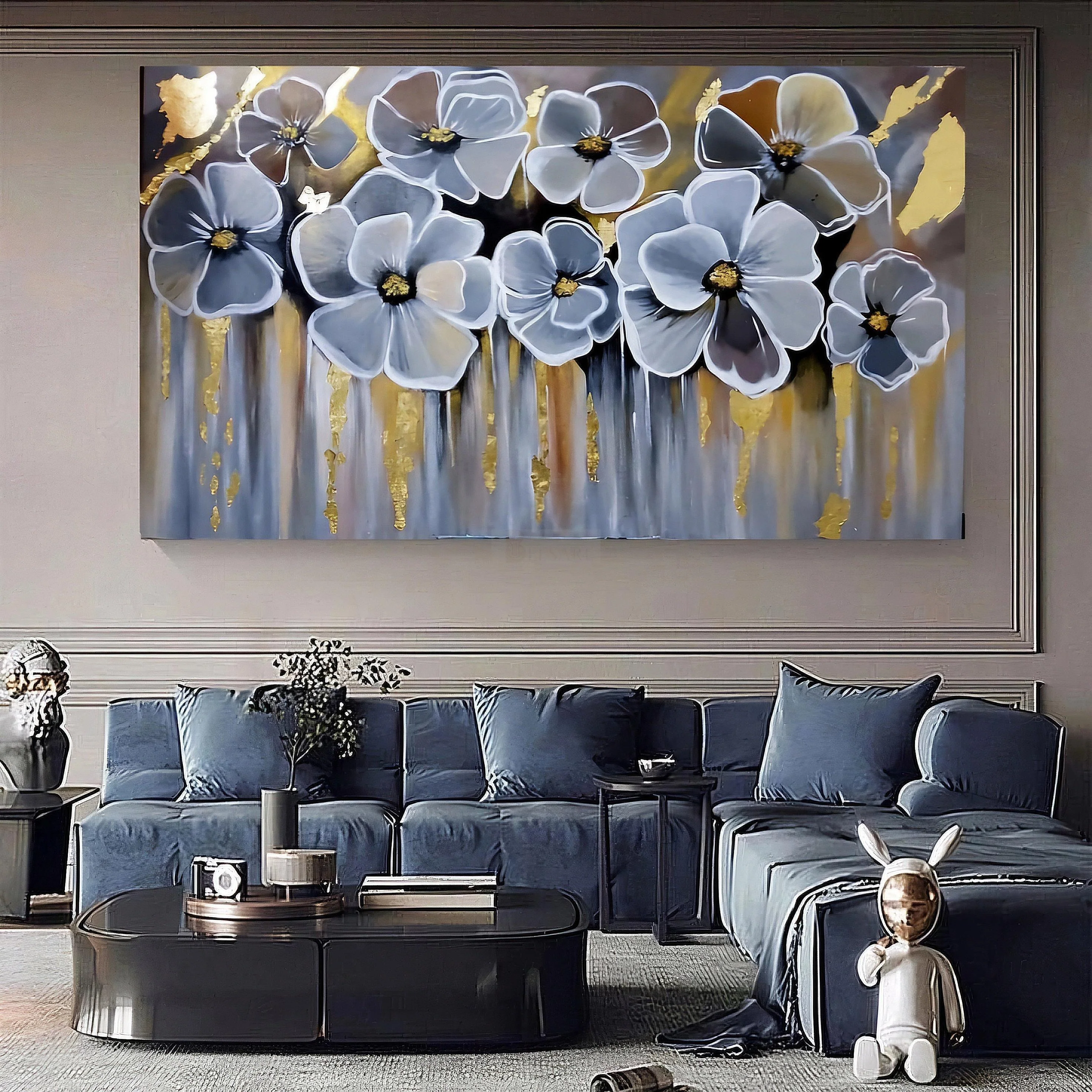 Floral Abstract Art | Gray Gold on Canvas Handmade Painting | Home Decor