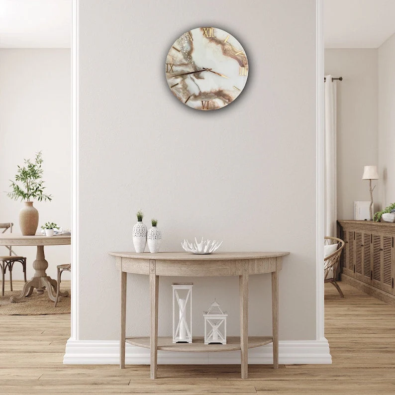 Minimalist White and Gold Wall Clock with Luxe Stone Inlays