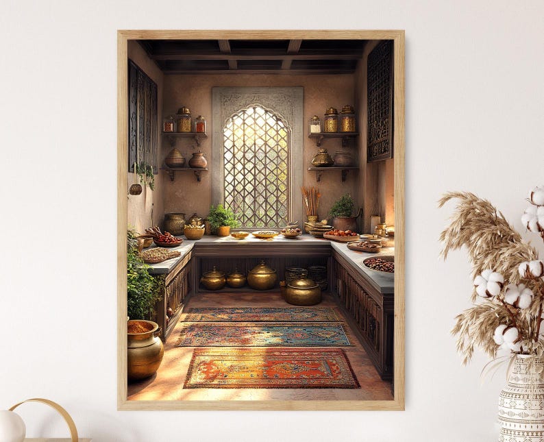 Peshawar Kitchen Art Print, Brass Pot Decor Poster, Kilim Runner Illustration