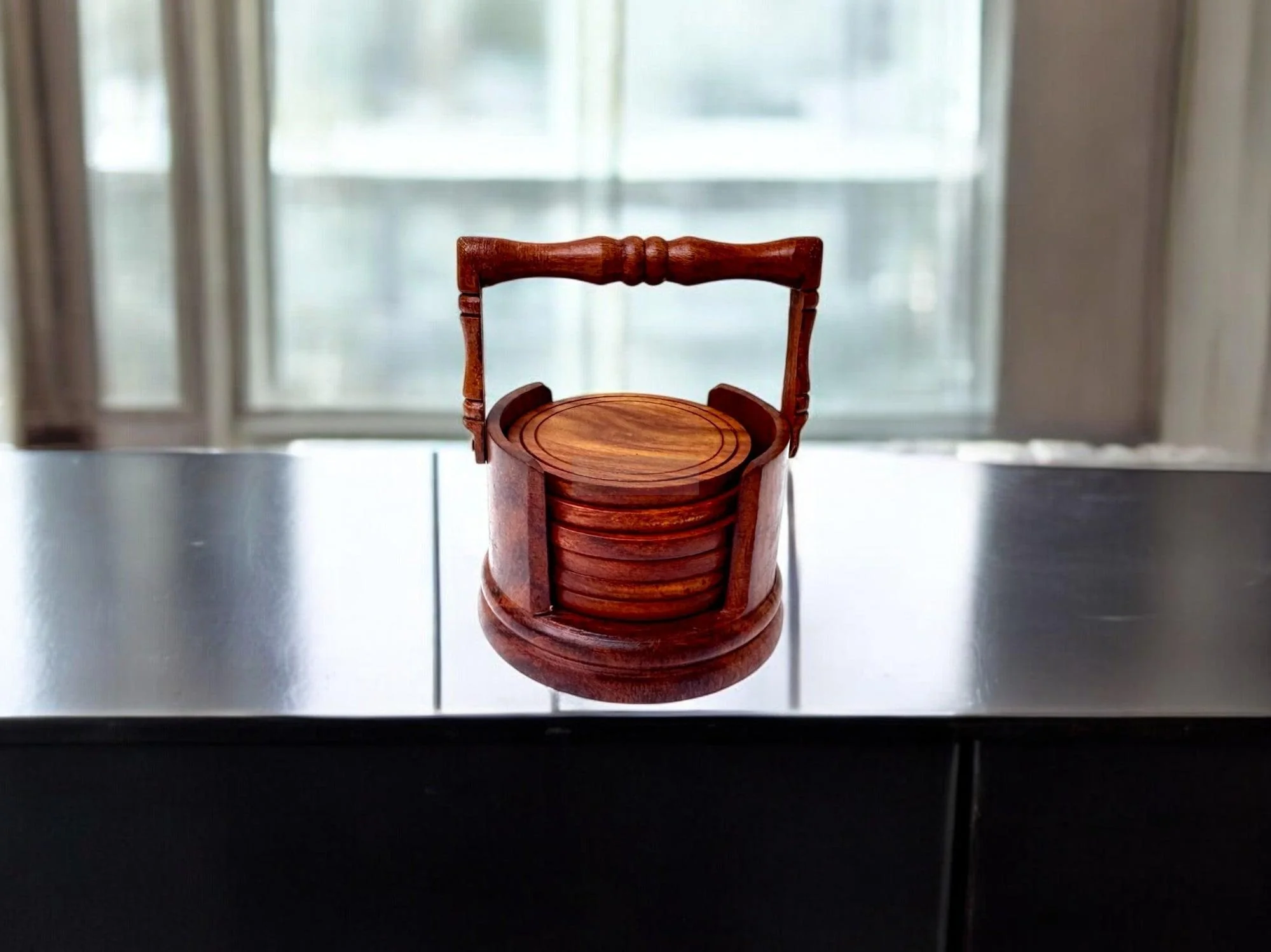 Handcrafted Wooden Coaster Set with Holder, Durable Round Coasters for Drinks, Eco-Friendly Rustic Decor with Carrying Handle