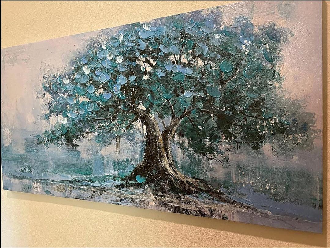 Hand-Painted Tree Canvas Wall Art Teal Tree of Life Landscape Painting Modern Nature Painting, Abstract Blue Artwork for Living Room Bedroom Bathroom Dinning Room Home Office Wall Decor