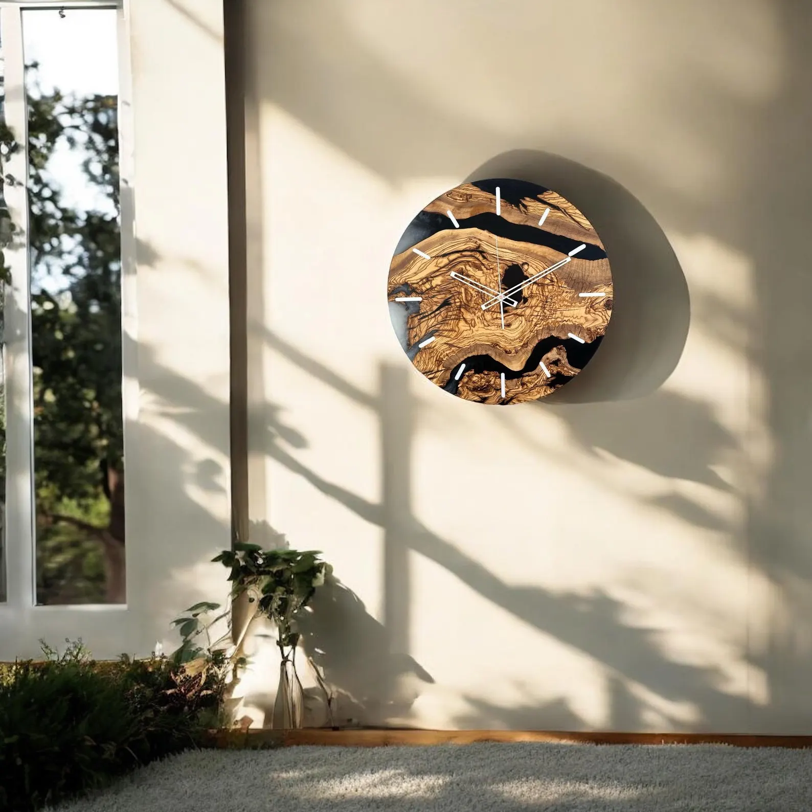 Handmade Walnut Wood and Epoxy Resin Wall Clock �C Unique Wooden Wall Clock, Loft Style Home Decor, Modern Rustic Gift, Large Natural Wood Resin Clock for Living Room and Office