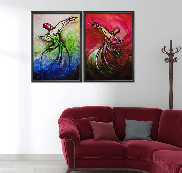 Darwesh Sufi Dancers Oil Paint II (2 Panel) Sufi Wall Art
