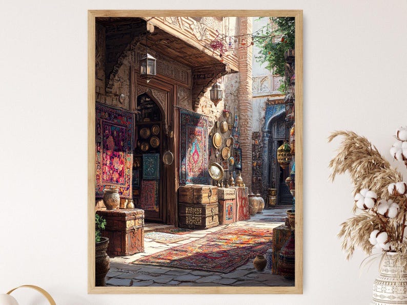 Peshawar Souvenir Shop Art Print, Wooden Chest Decor Poster, Brass Utensil Illustration