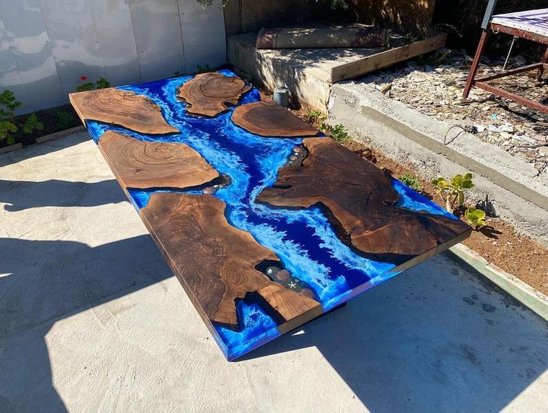 Custom Dark Walnut Wood Ocean Wave Resin Epoxy Table - Handmade Live Edge Furniture