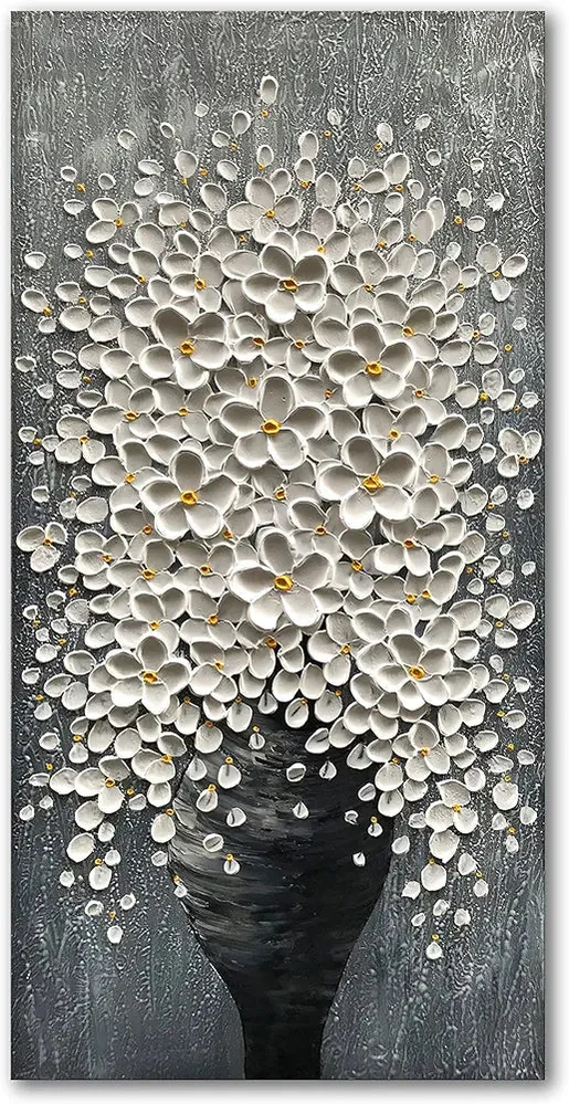 Epicler Hand-Painted Painting for Wall Decoration, White Bouquet in vase, Home Wall Decoration.