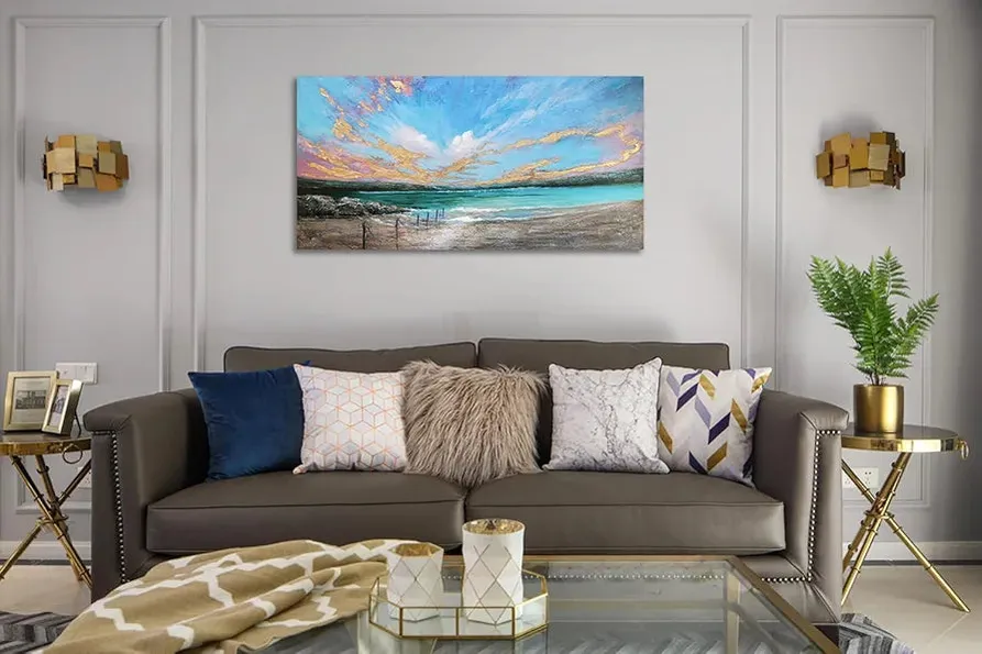 Ocean Teal Wall Art Canvas Coastal Beach Painting Blue Turquoise Landscape Sunset Painting, Panoramic Gold Foil Textured Large Artwork Framed for Living Room Bedroom Bathroom Wall Decor