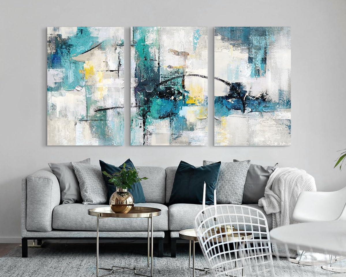 Room Decor Wall Art Living Room Extra Large Canvas Painting Wall Decor Aqua Blue Teal Gray Modern Office Decor Abstract Dining Room Wall Decorations