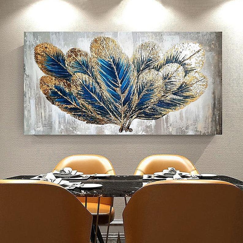 Gold Feather Textured Painting Gold Leaf Art Home Decor Wall Decor