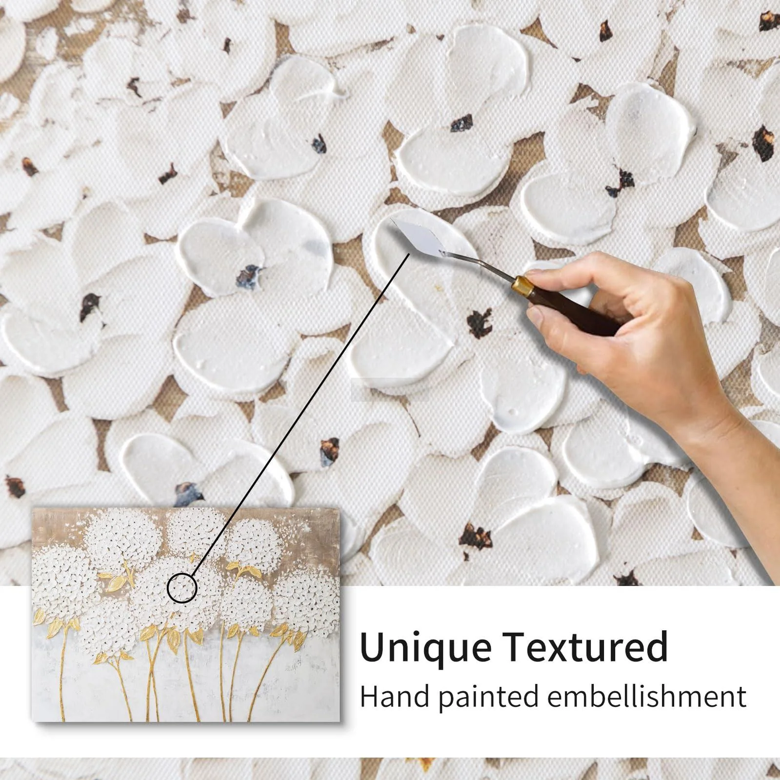 Hand-Painted White Hydrangea Blossom Canvas Wall Art, Modern Floral Wall Decor, 3D Textured Oil Painting