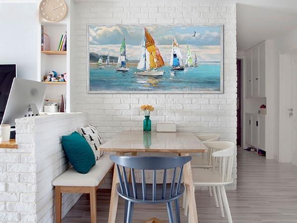 Blue Abstract Wall Art Canvas Ocean Sailboat Painting Modern Coastal Painting, Handmade Textured Art