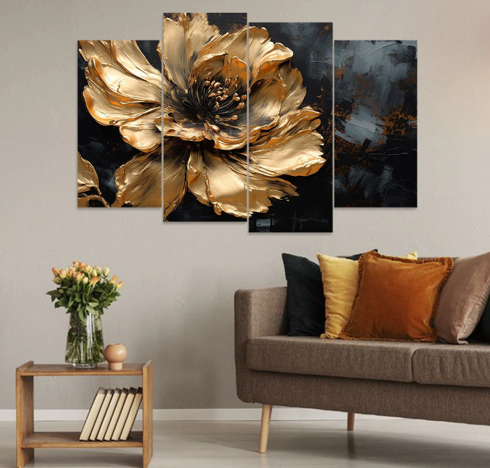 Beautiful Gold Flower Over Black Background (4 Panel) Floral Wall Art