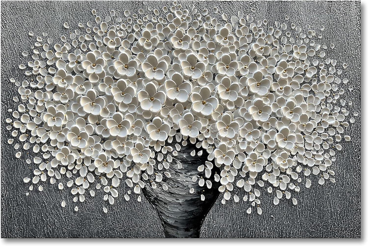 Epicler Hand-Painted Oil Painting, White Bouquet Oil Painting, Canvas Wall Decoration Painting