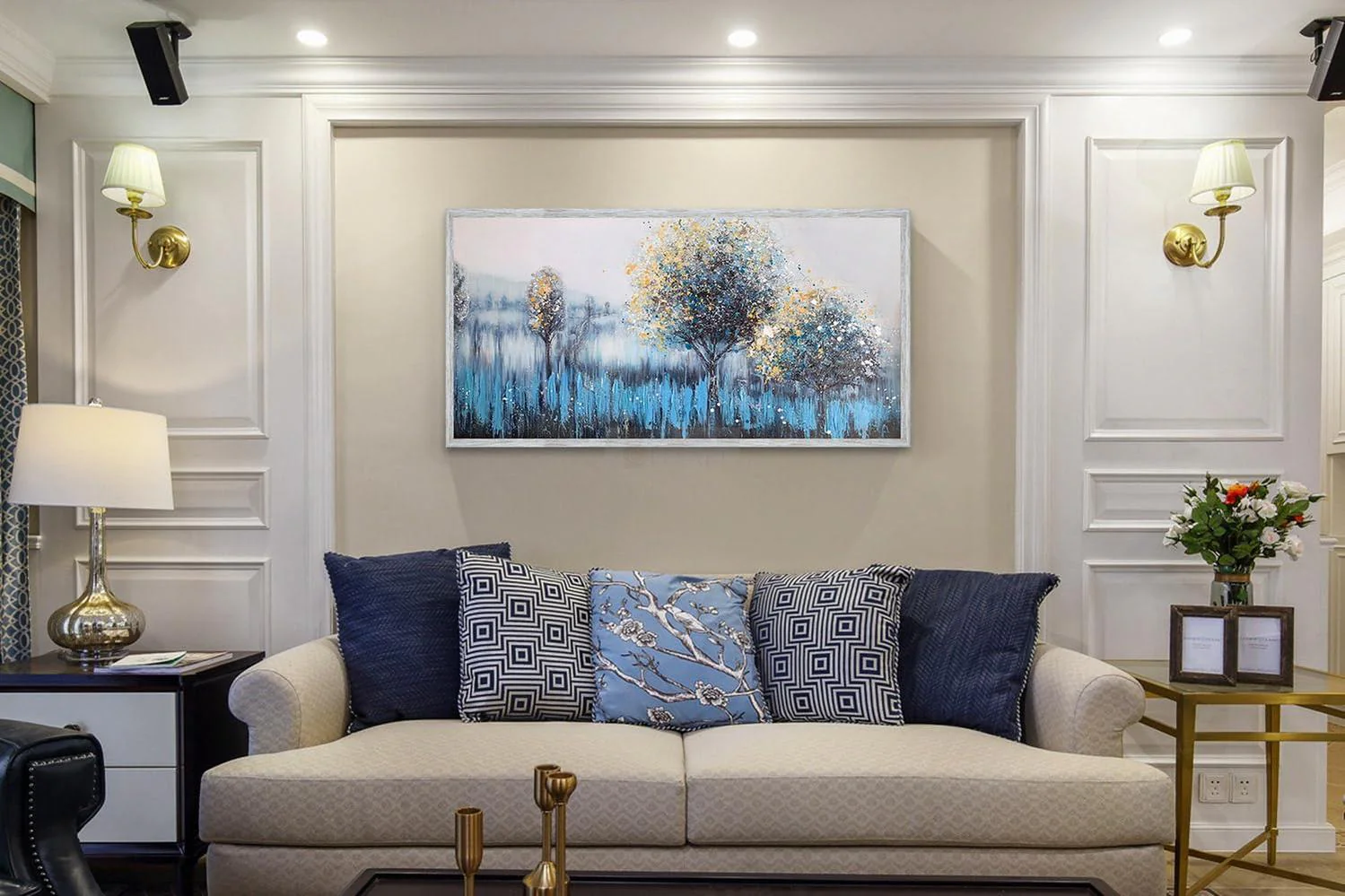 Tree Wall Art Canvas Teal Landscape Painting Blue Forest Textured Modern Panoramic Nature Artwork for Living Room Bedroom Bathroom Home Office Decor