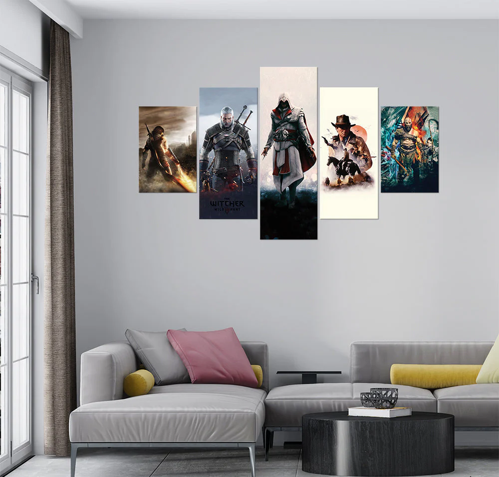 Gaming Characters in Action (5 Panel) Game Wall Art