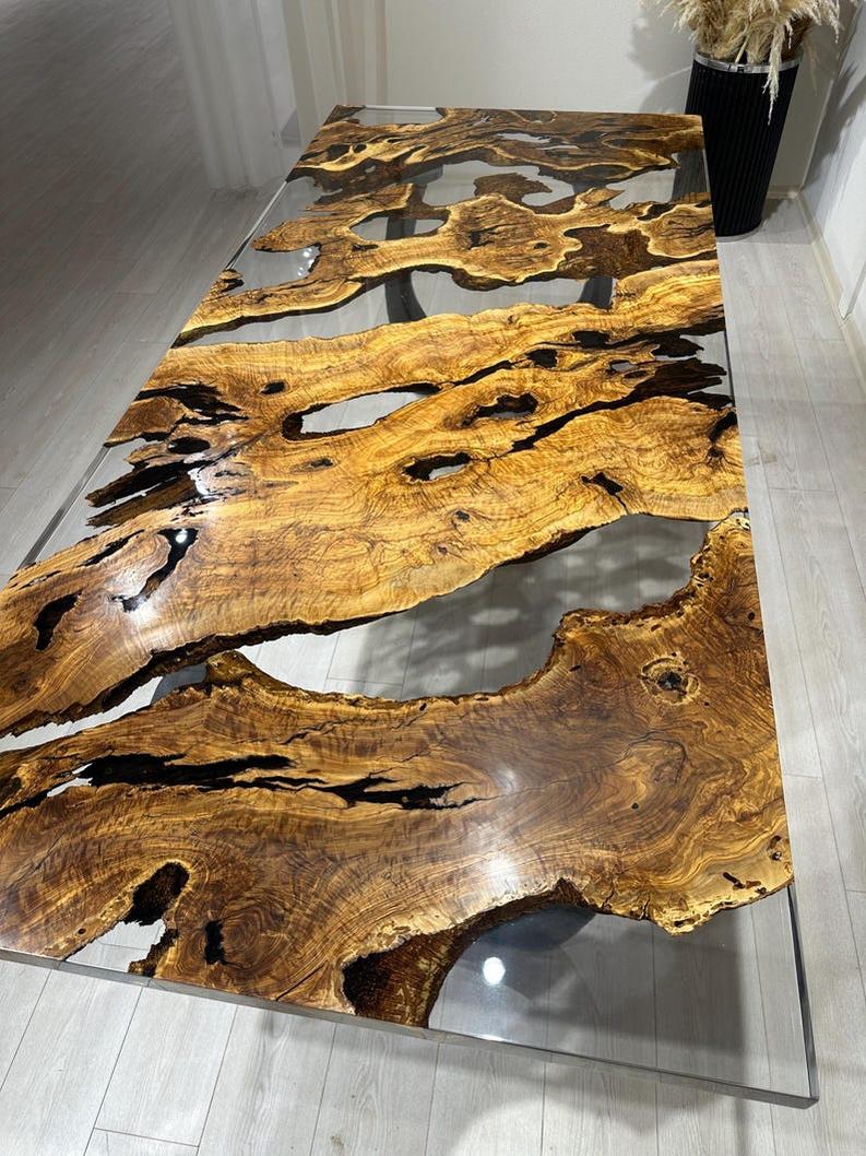 Handmade Clear Epoxy Resin Rosewood Table - Custom Live Edge Design