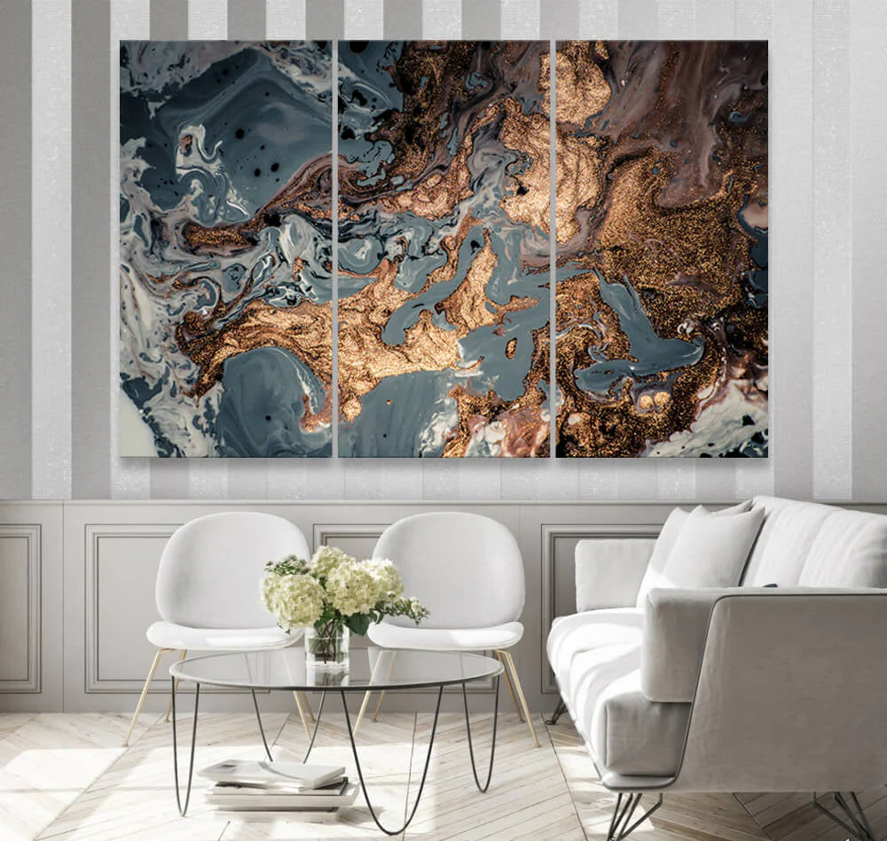 Copper & Ocean Blue (3 Panel) Abstract Wall Art