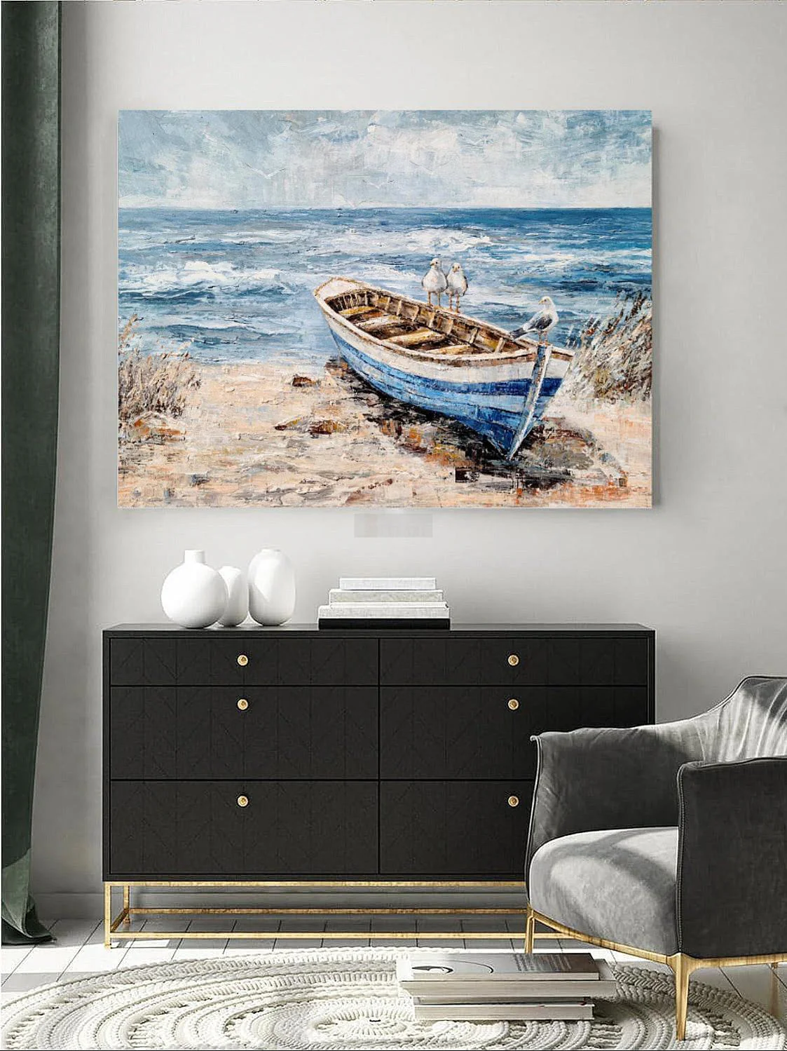 Coastal Canvas Wall Art - Hand Painted Beach Painting - Seagulls on Boat Painting - Seascape Coastal Artwork