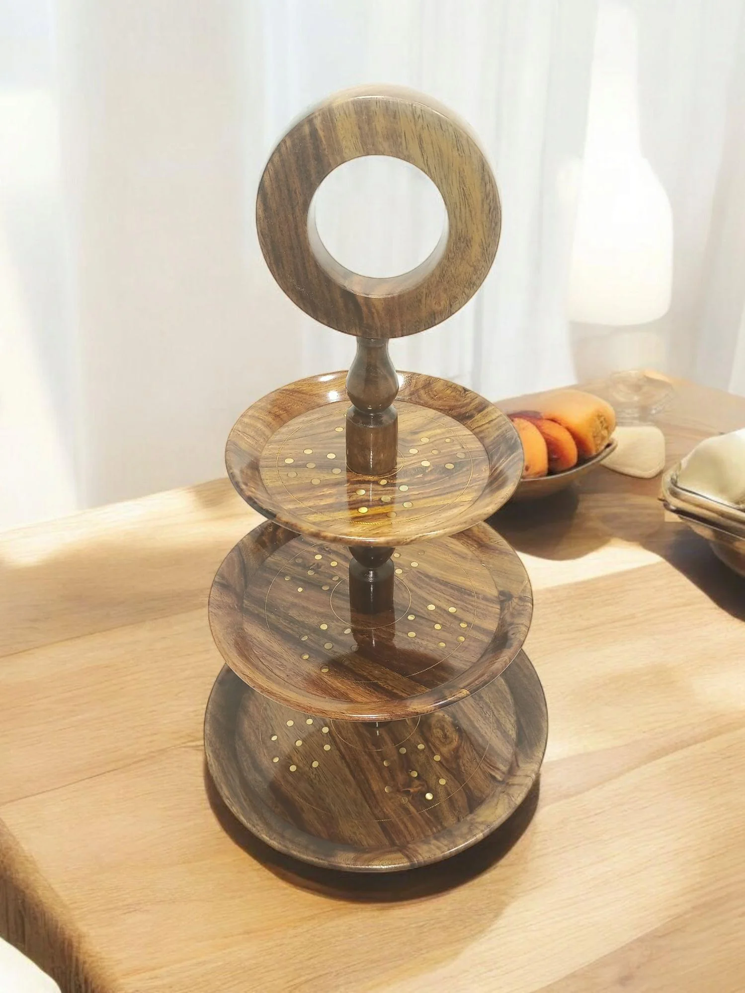 Handcrafted Rosewood Three-Tier Cake Tray with Brass Inlay