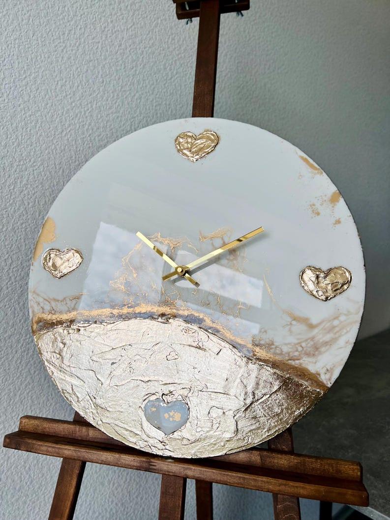 Modern White and Gold Wall Clock with Heart Detail