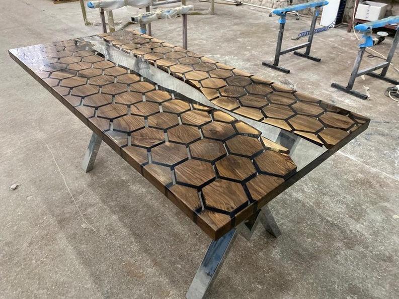 Rosewood Hexagon Honeycomb Design Clear Epoxy Resin Table - Handmade Live Edge Furniture