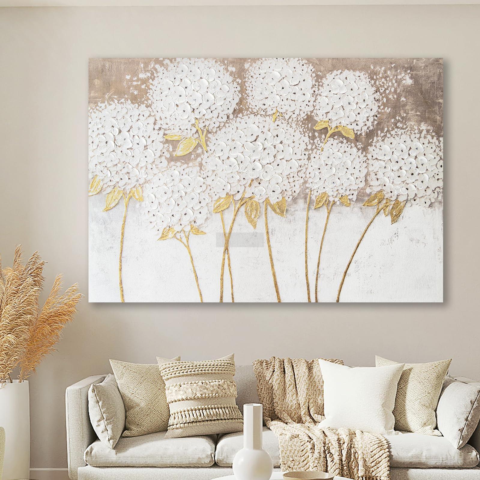 Hand-Painted White Hydrangea Blossom Canvas Wall Art, Modern Floral Wall Decor, 3D Textured Oil Painting