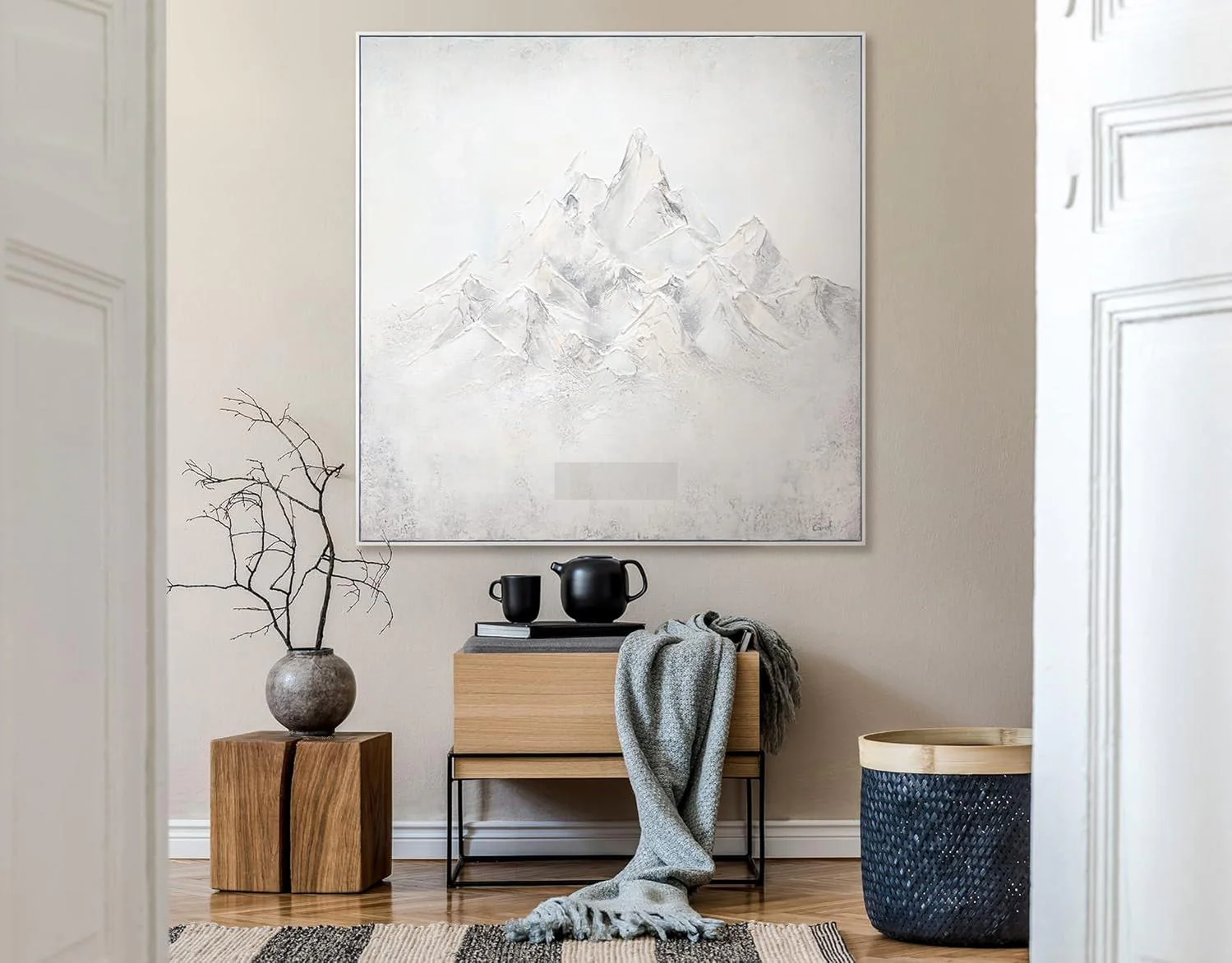 acrylic painting on canvas Climbing mountains Abstract landscape in white grey color Hand-painted artwork for interior