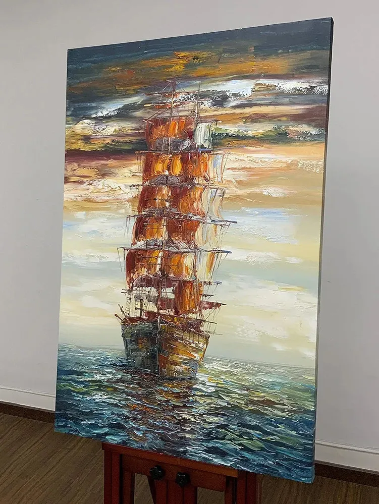 Modern Abstract Hand painted Sailboat Oil Paintings Acrylic Painted Canvas Wall Art Decor for Living room Bedroom Dining room Artwork for Home Walls
