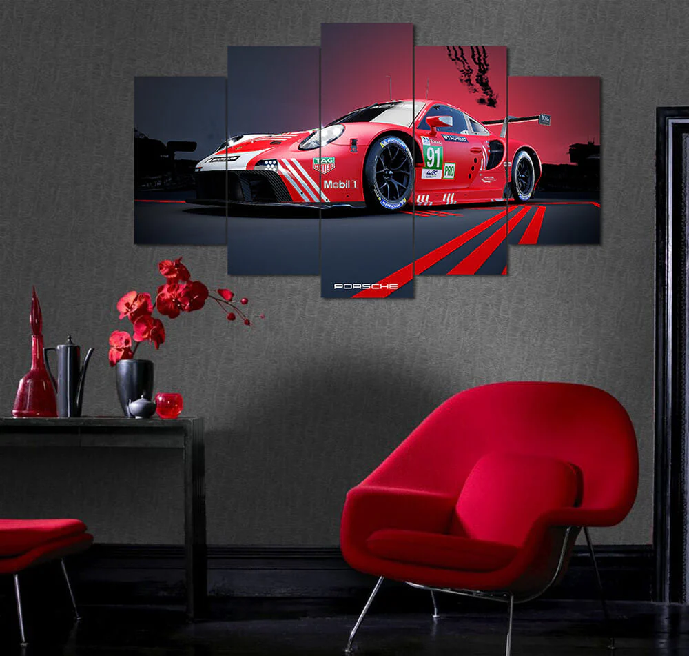Red Porsche GTE Track Racing (5 Panel) Cars Wall Art