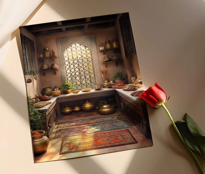 Peshawar Kitchen Art Print, Brass Pot Decor Poster, Kilim Runner Illustration
