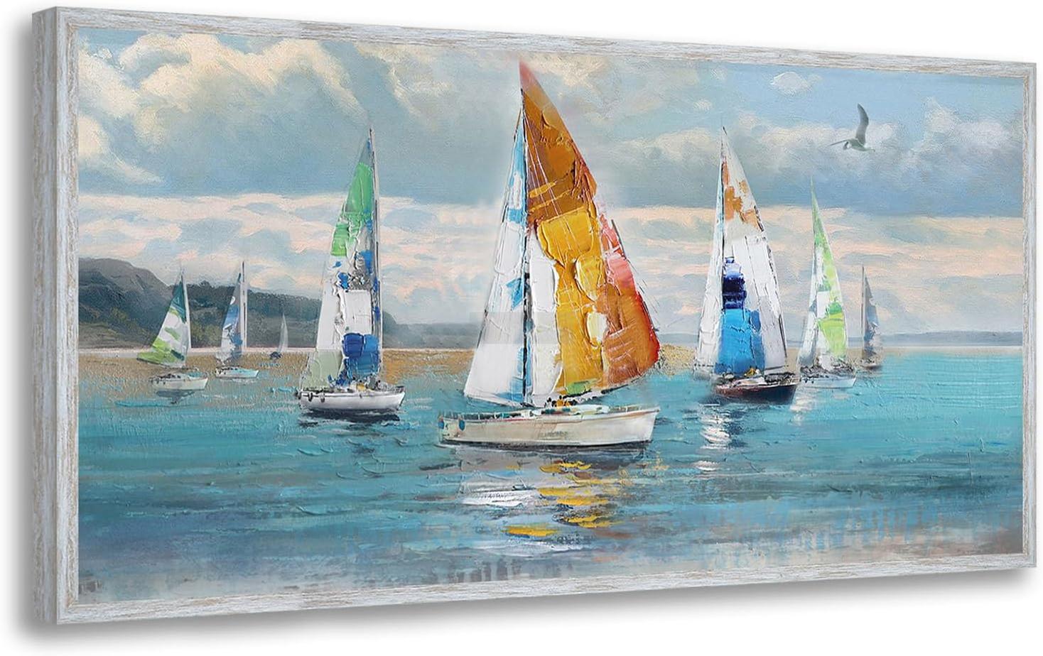Blue Abstract Wall Art Canvas Ocean Sailboat Painting Modern Coastal Painting, Handmade Textured Art