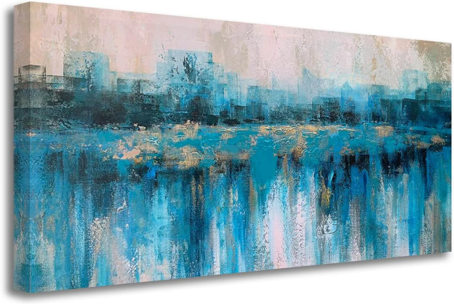 Teal Abstract Wall Art Modern Blue Grey Picture Cityscape Indigo Textured Gold Painting