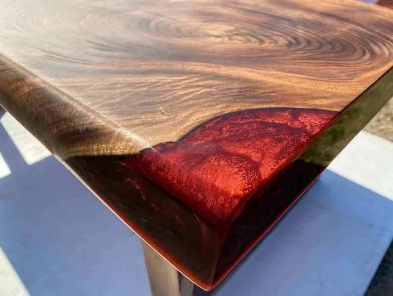 Custom RoseWood Table with Red Metallic Epoxy - Handmade Live Edge Resin Furniture with Special Legs Design