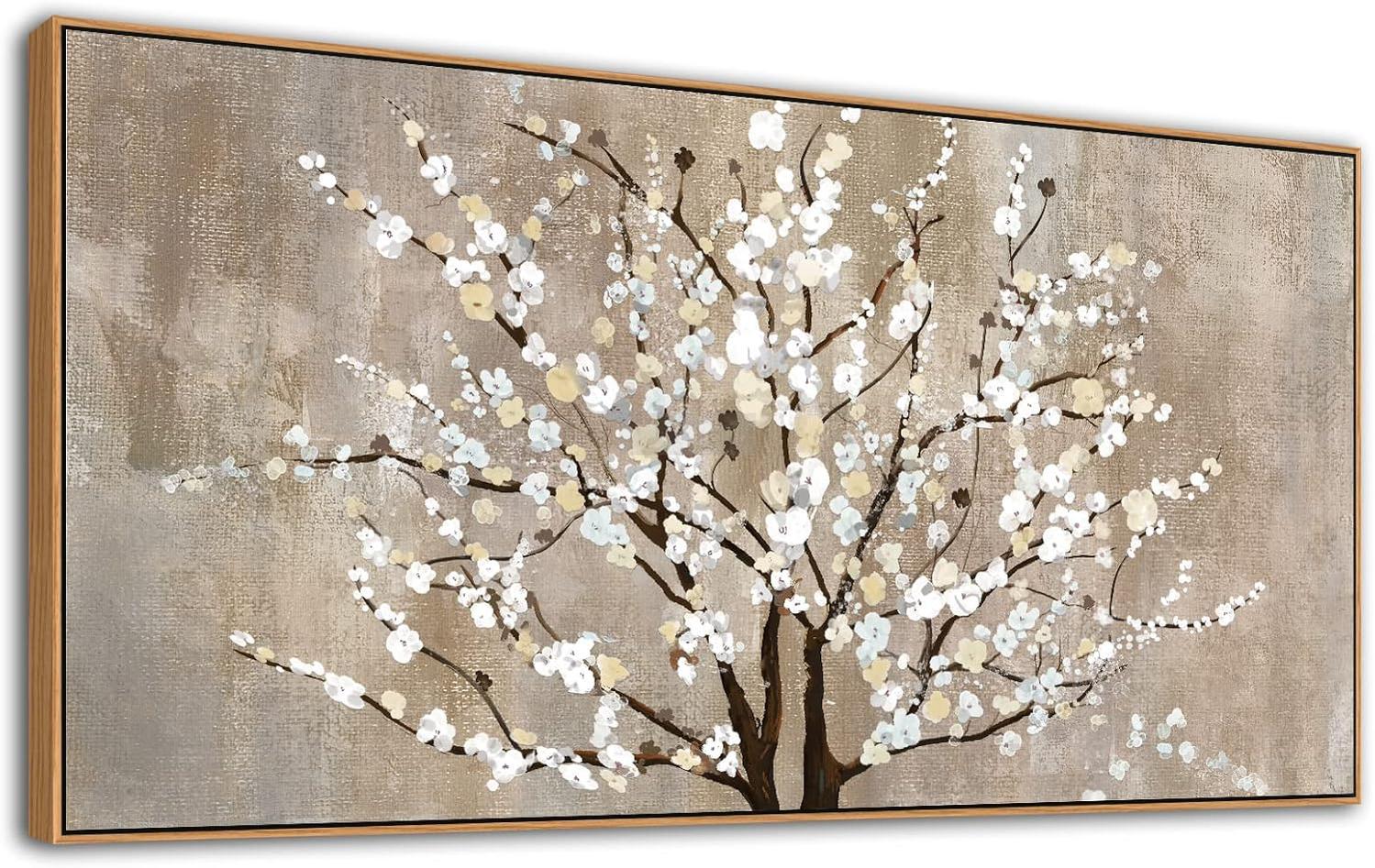 Beige White Textured Tree Painting Tree Wall Art Nature Tree of Life Abstract Canvas Painting Modern Large Panoramic Landscape Home Decor