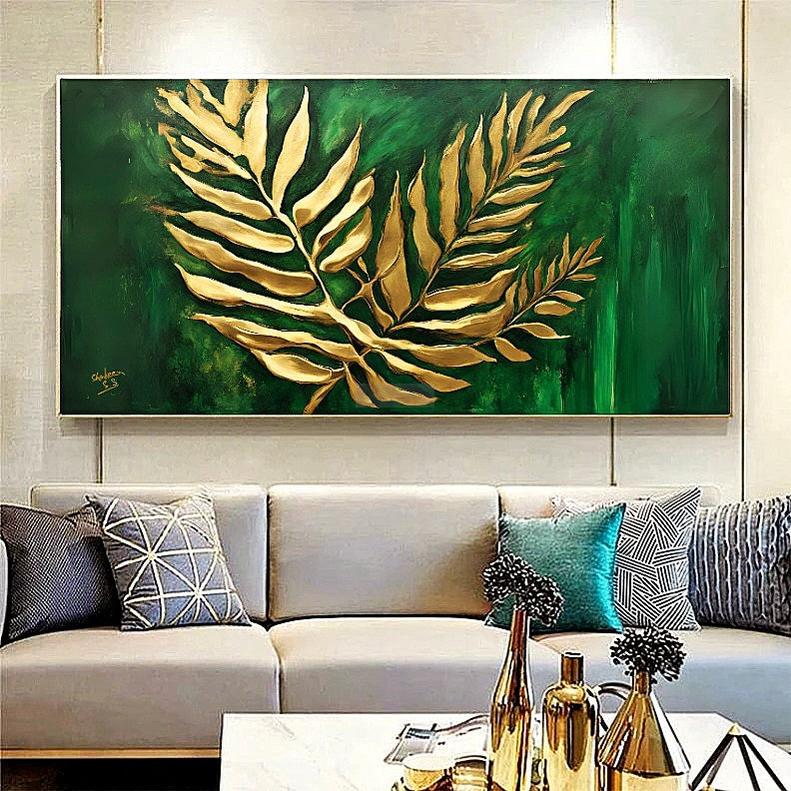 3D Textured Golden Leaf | Tropical Green Art | Abstract Art | Handmade Painting | Home Decor | Wall Decor