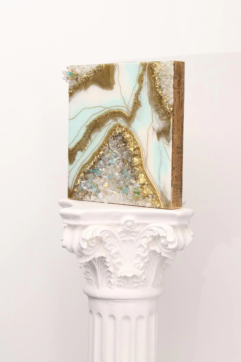 Golden Marble Resin Art with Crystal Stone Work