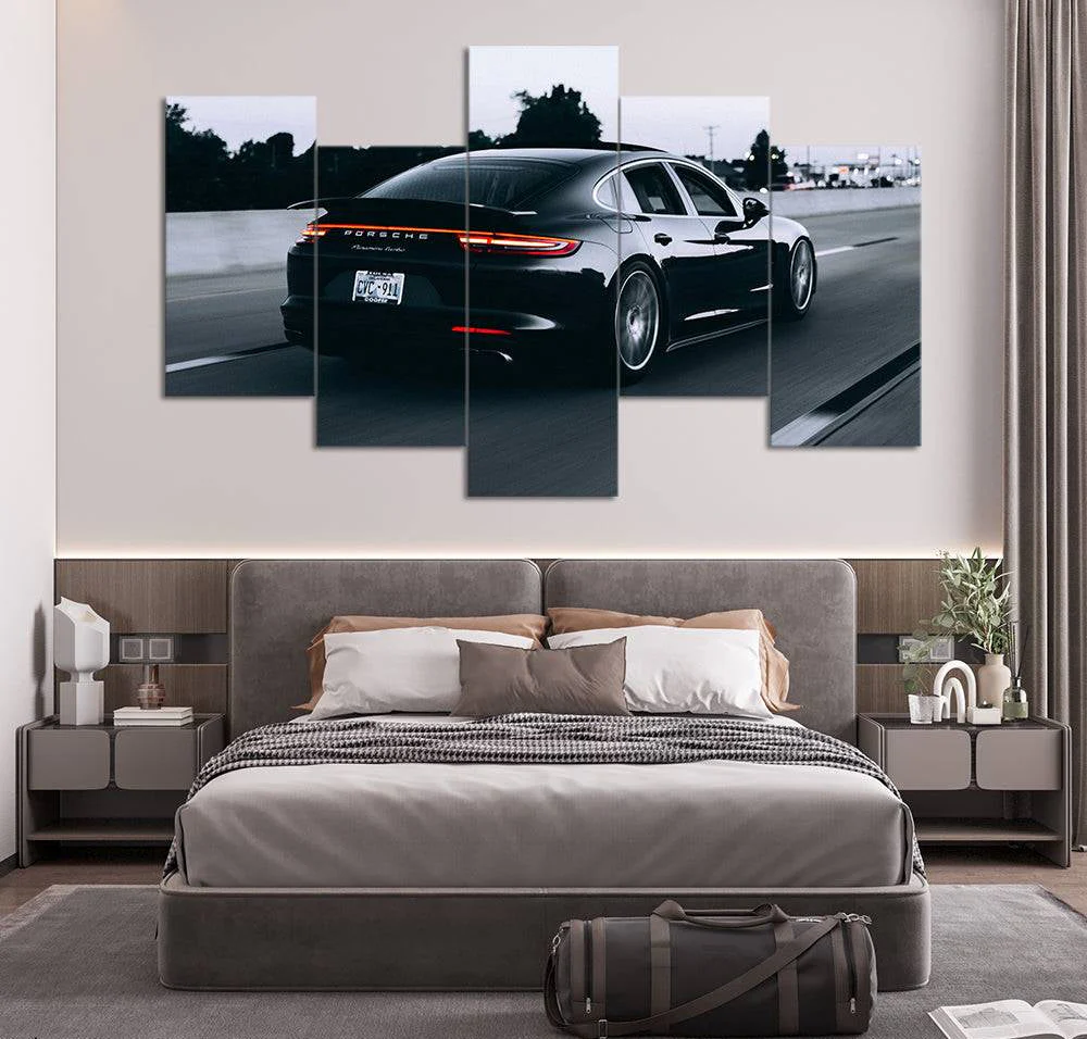 Black Porsche on Road Duotone (5 Panel) Cars Wall Art