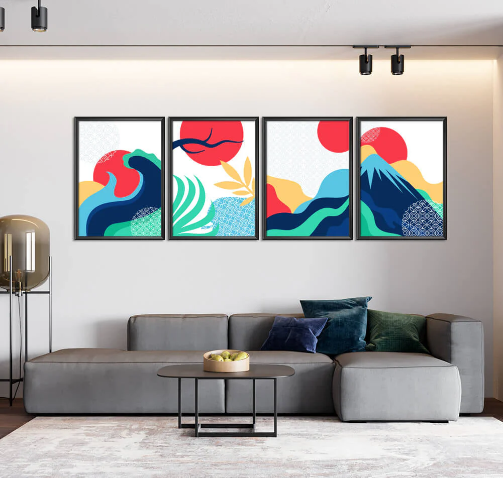 Minimal Red Moon Over the Waves (4 Panel) Digital Wall Art