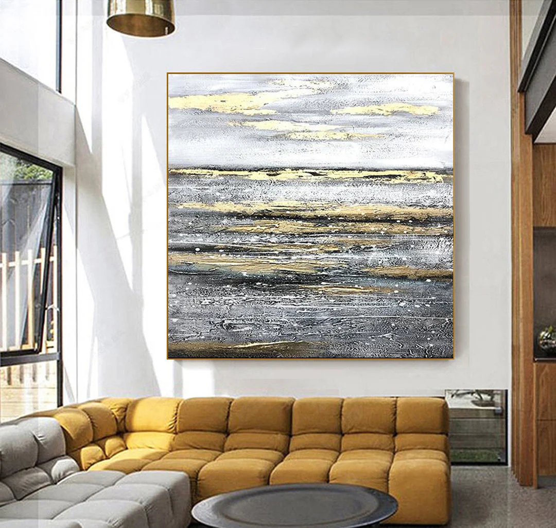 Grey White Gold Art Abstract Painting Texture Handmade Painting