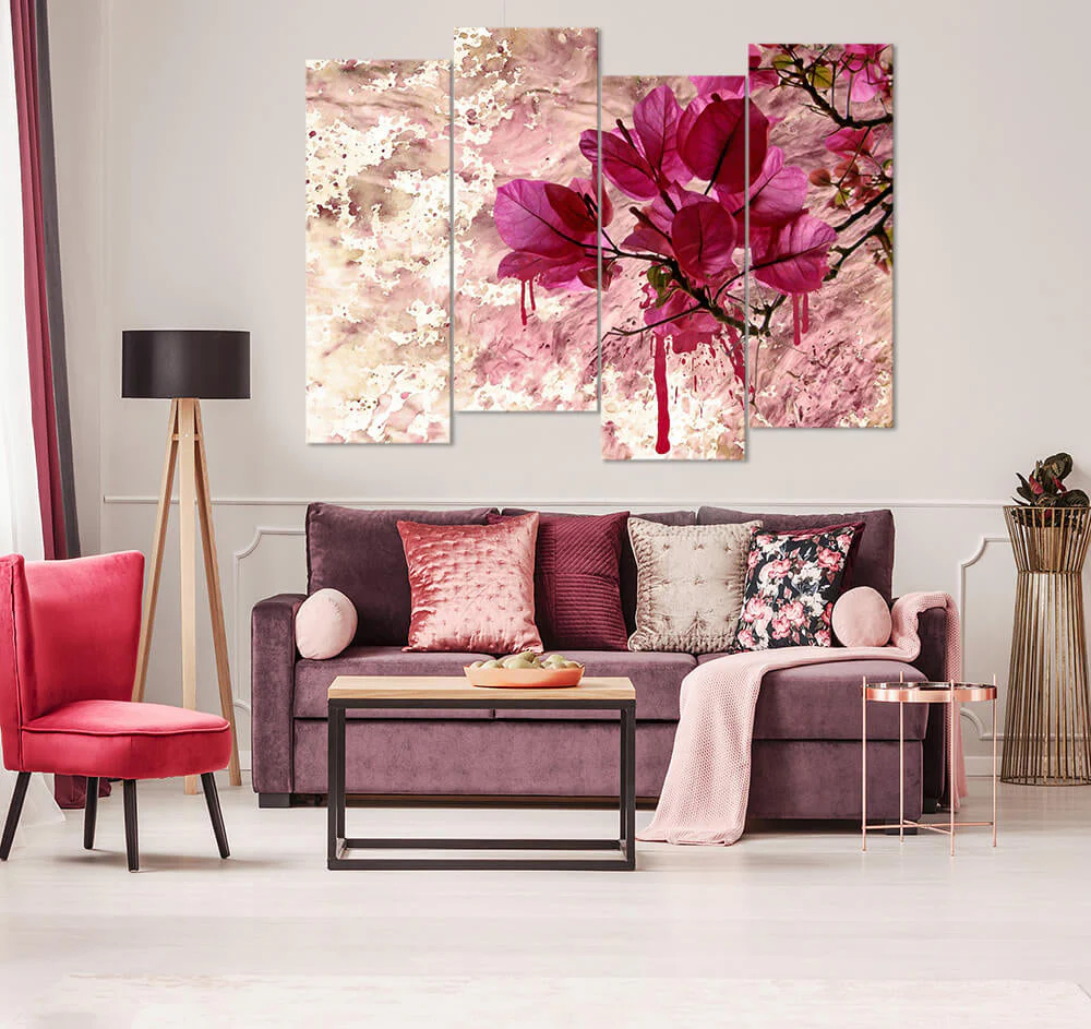 Pink Leaves over Oil Background (4 Panel) Floral Wall Art