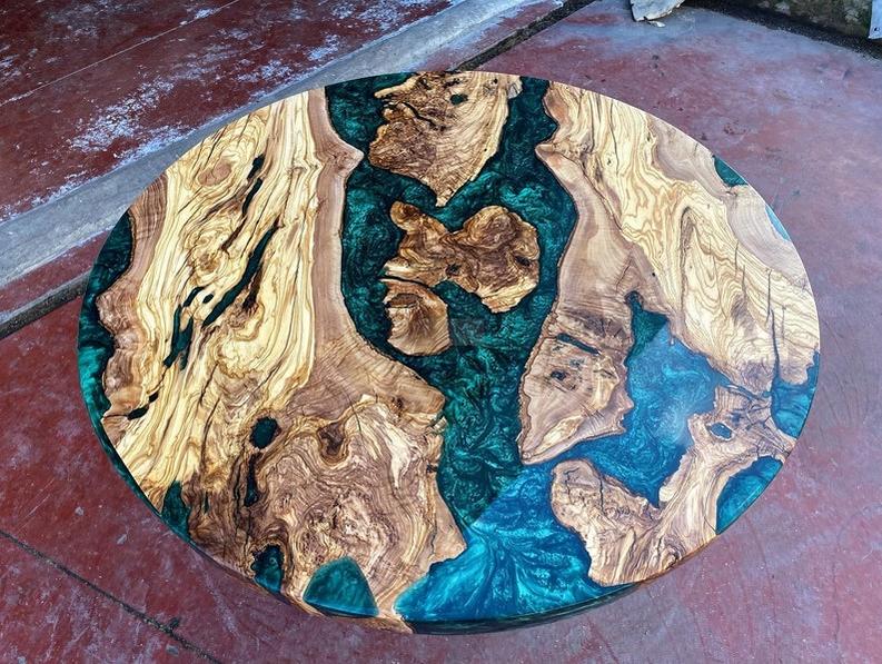 Custom Rosewood Live Edge Dark Emerald Resin Epoxy Table - Handcrafted Artistry