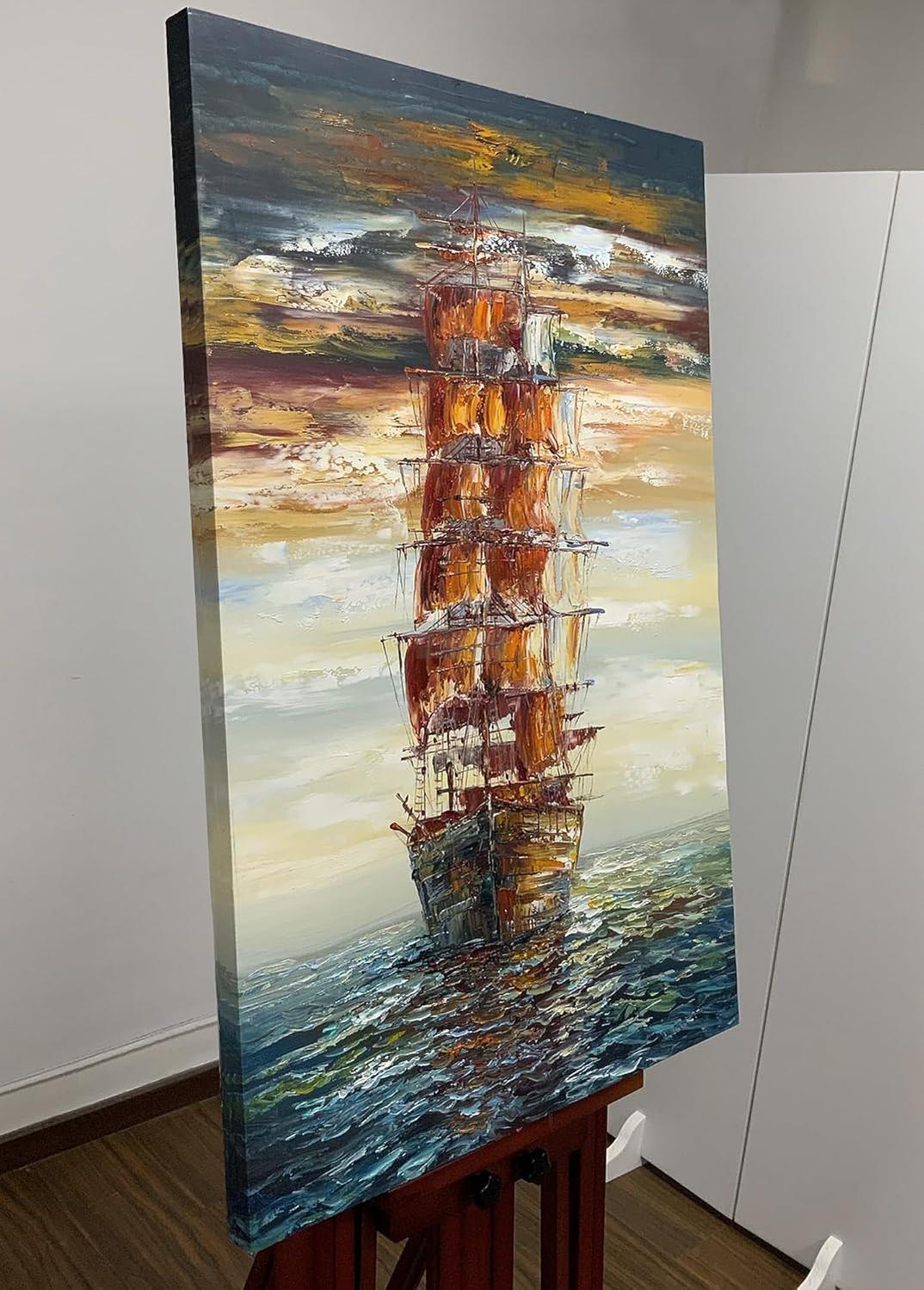 Modern Abstract Hand painted Sailboat Oil Paintings Acrylic Painted Canvas Wall Art Decor for Living room Bedroom Dining room Artwork for Home Walls