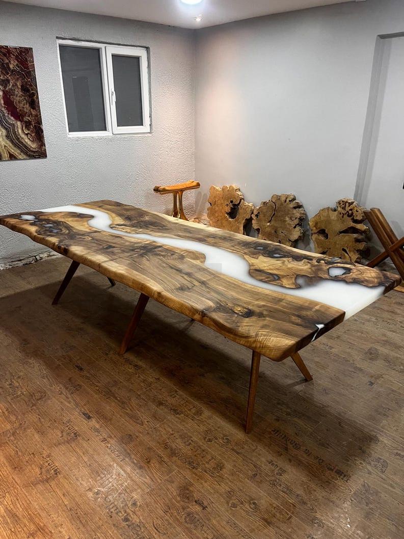 Custom White Resin Epoxy Live Edge Table Top - Handcrafted Modern Design