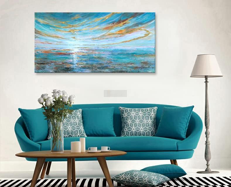 Turquoise Abstract Seascape Wall Art Hand Painted Modern Ocean Textured Oil Painting on Canvas