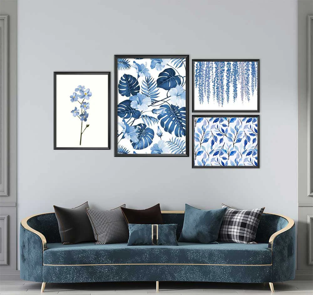 Blue Themed Floral Pattern (4 Panel) Pattern Wall Art