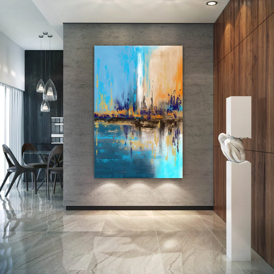 Blue Yellow Beige Palette Knife Artwork Original Abstract Painting