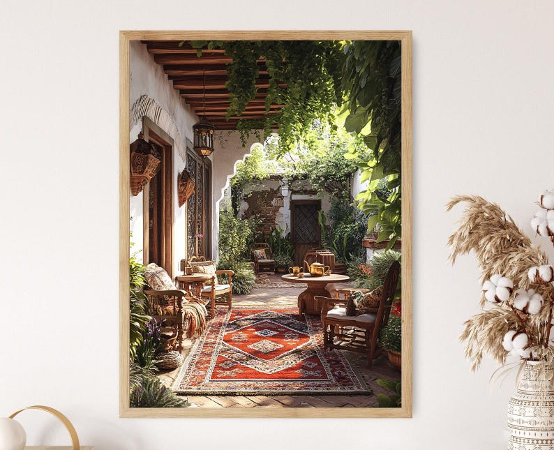 Peshawar Patio Art Print, Kilim Rug and Brass Tea Set Illustration Poster, Traditional Pakistani Courtyard Scene, Cultural Decor Wall Art