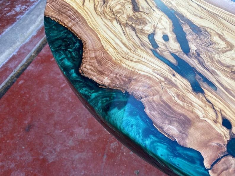 Custom Rosewood Live Edge Dark Emerald Resin Epoxy Table - Handcrafted Artistry